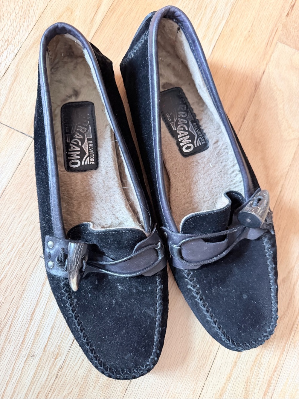 Salvatore Ferragamo Dark Brown Suede Loafers with Leather & Sharks Tooth